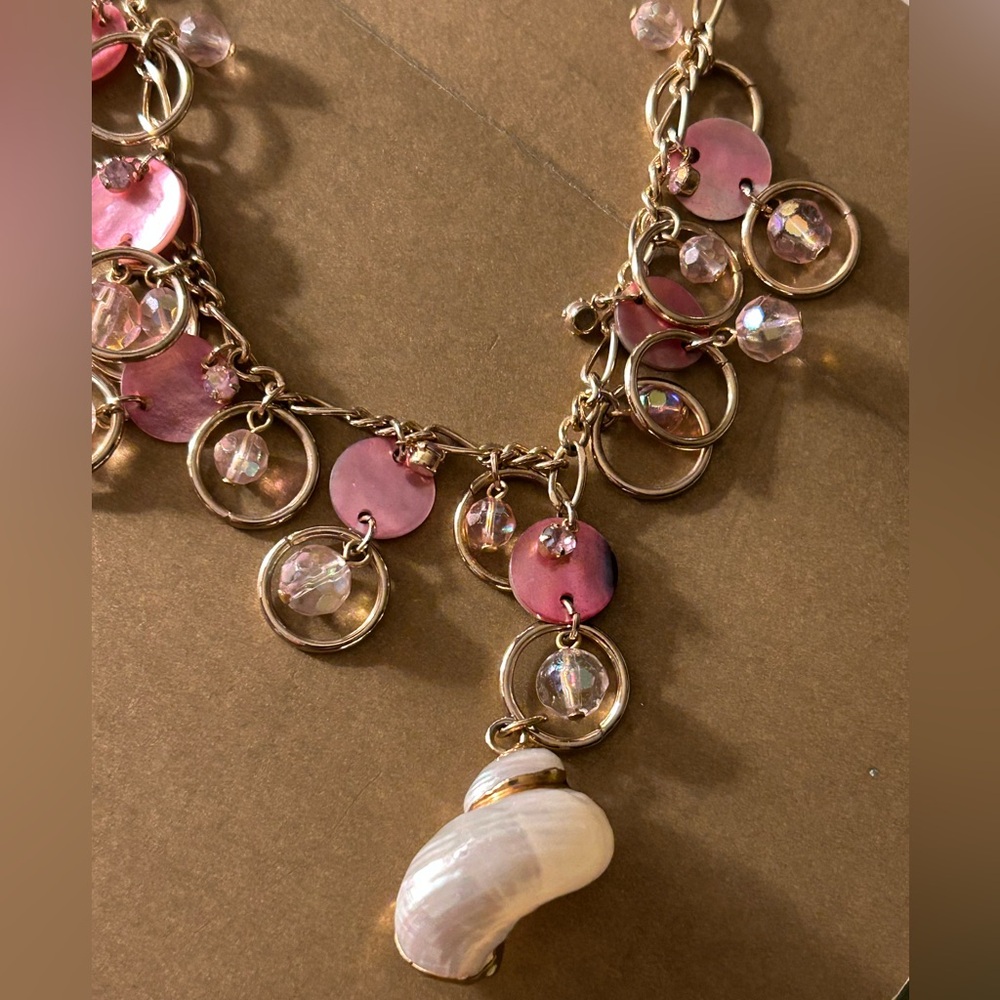 Necklace Cookie Lee white shell, Hand-Carved pink Mother-of -Pearl, crystals.
